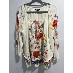 John Mark Womens Tunic Top Floral Embroidered Tassel Boho Peasant Hi Lo Size XL